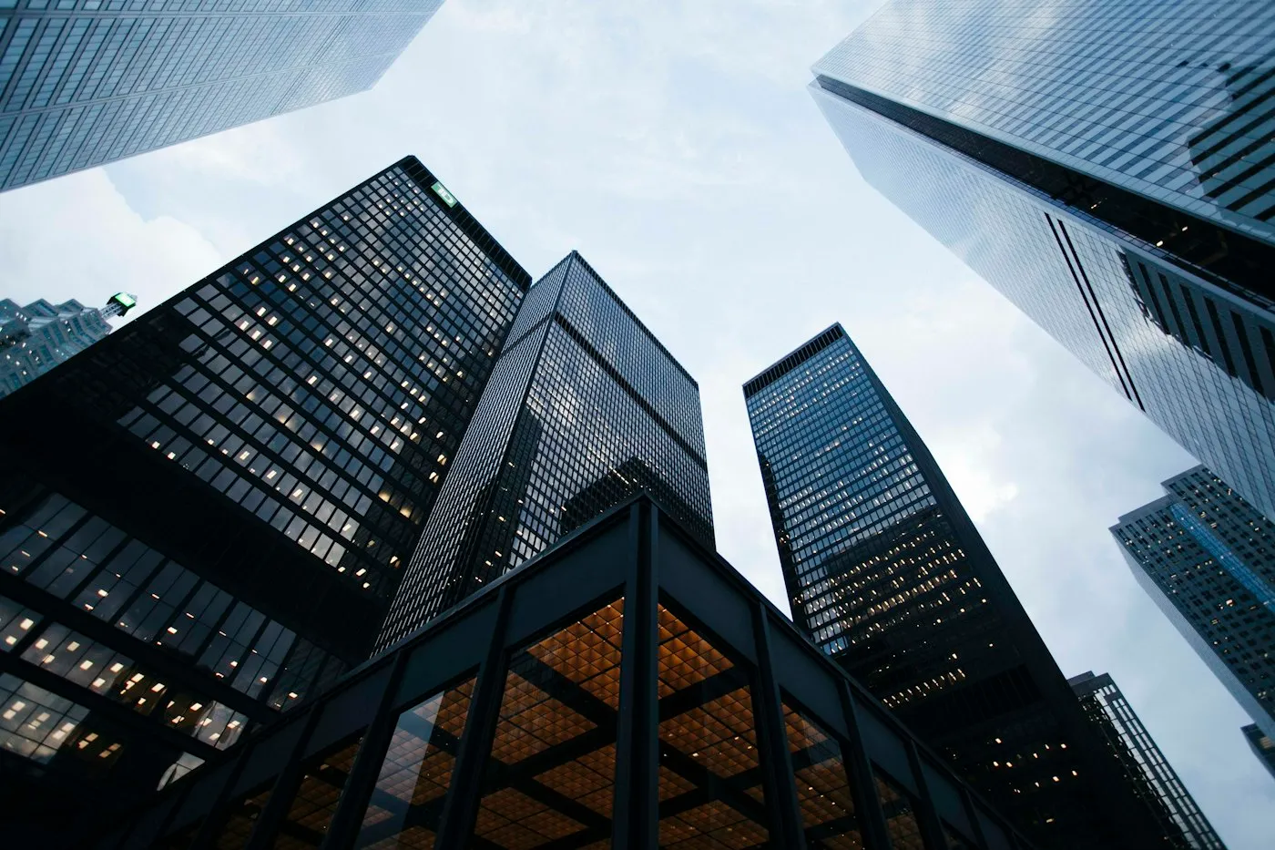 Financial district towers seen from street level